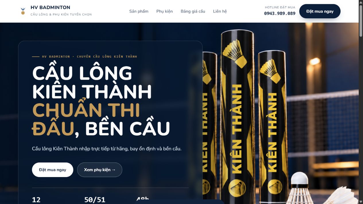 Giao diện desktop website Hoàng Vy Sport, thương hiệu HV Badminton